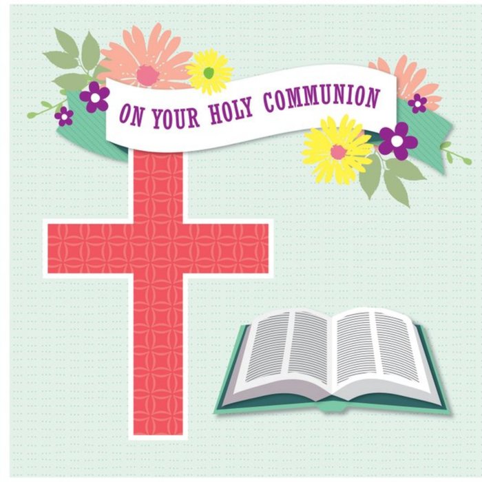 Davora Floral Illustrated Cross and Bible Holy Communion Card