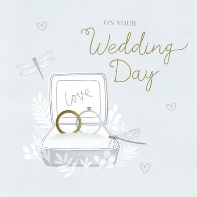 Illustration Of Wedding Rings In A Ring Box Surrounded By Hearts And Dragonflies Wedding Day Card
