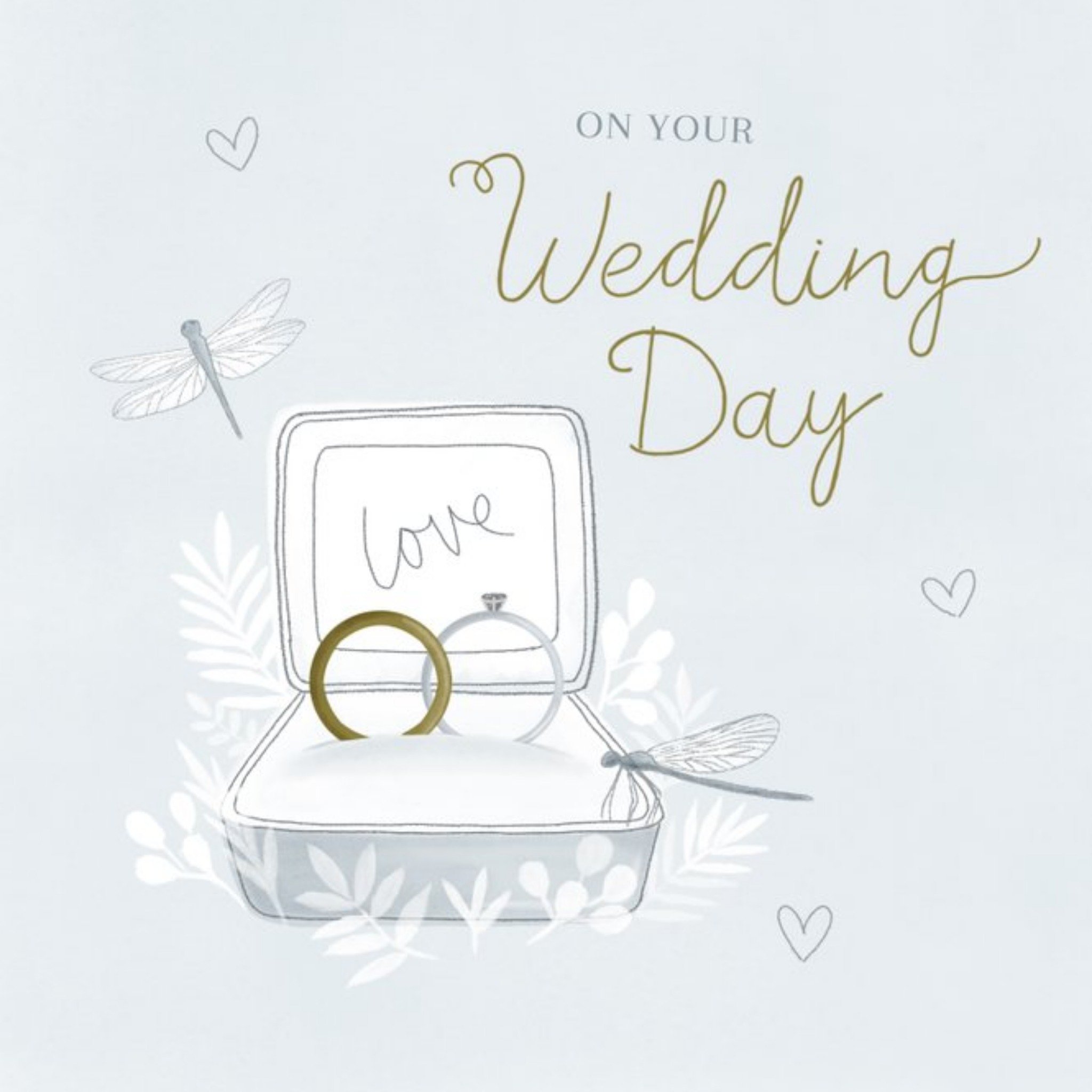 Illustration Of Wedding Rings In A Ring Box Surrounded By Hearts And Dragonflies Wedding Day Card, Square