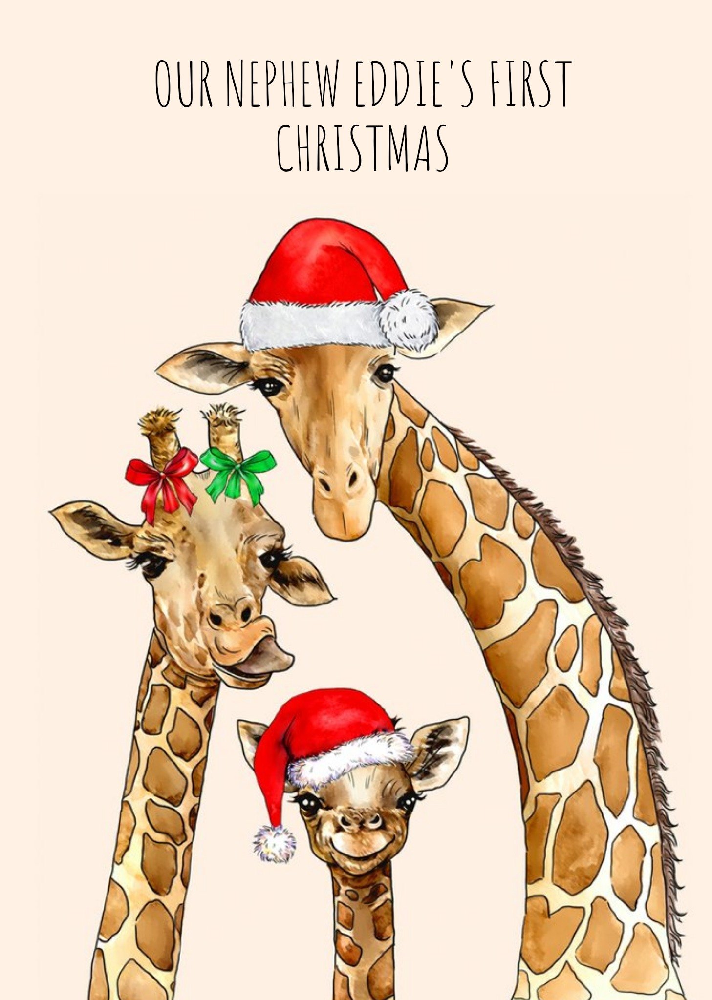 Moonpig Illustration Of A Family Of Giraffes Wearing Santa Hats Christmas Card Ecard