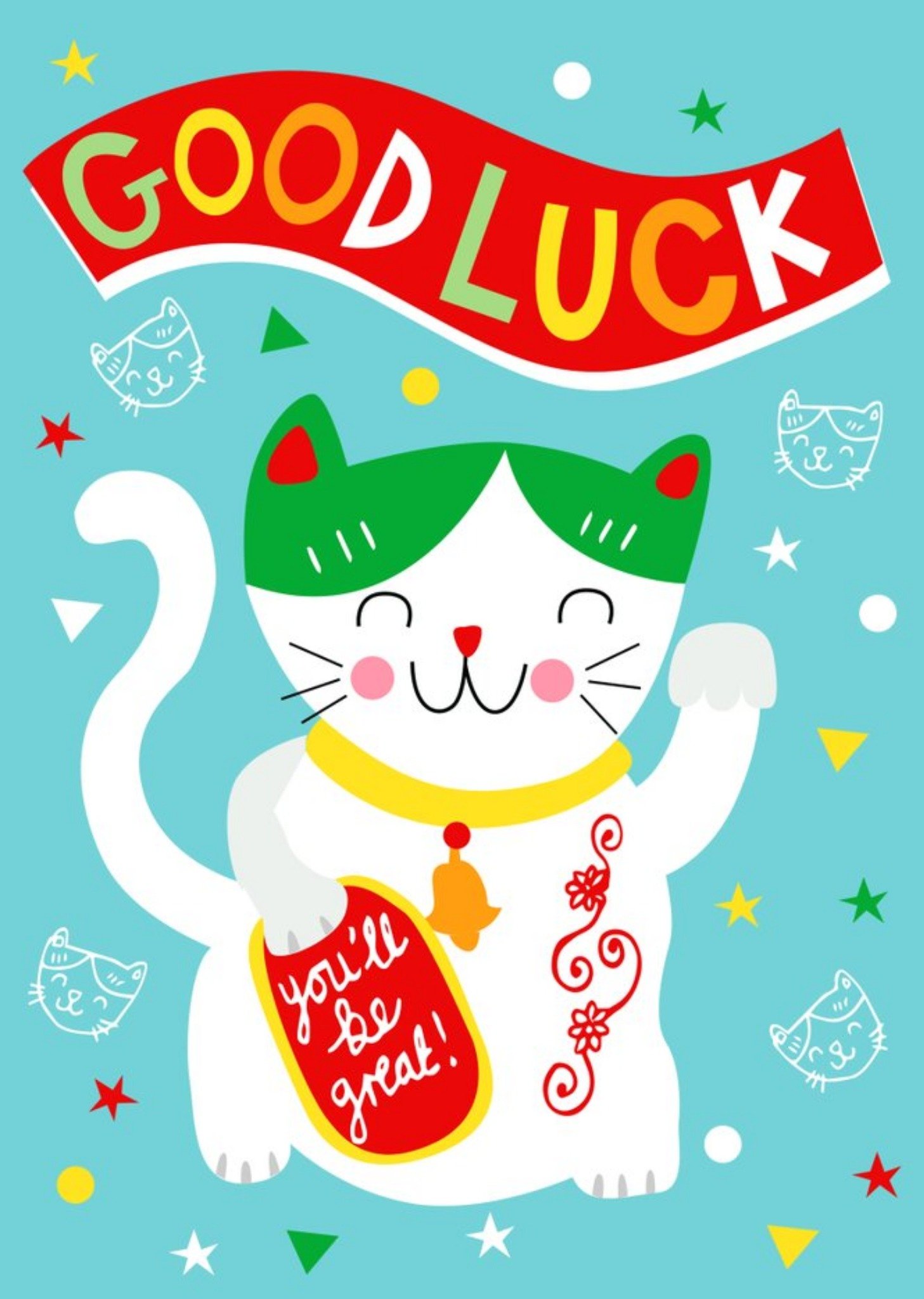 Moonpig Illustrated Lucky Cat Good Luck Card, Large
