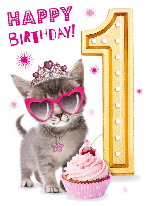 Cute Kitten With Cupcake 1st Birthday Card