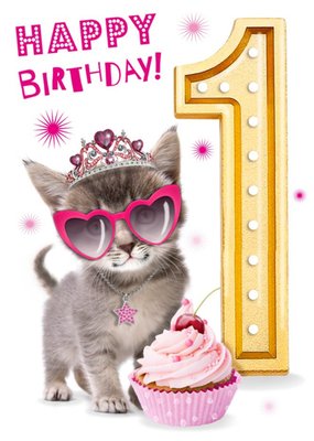 Cute Kitten With Cupcake 1st Birthday Card