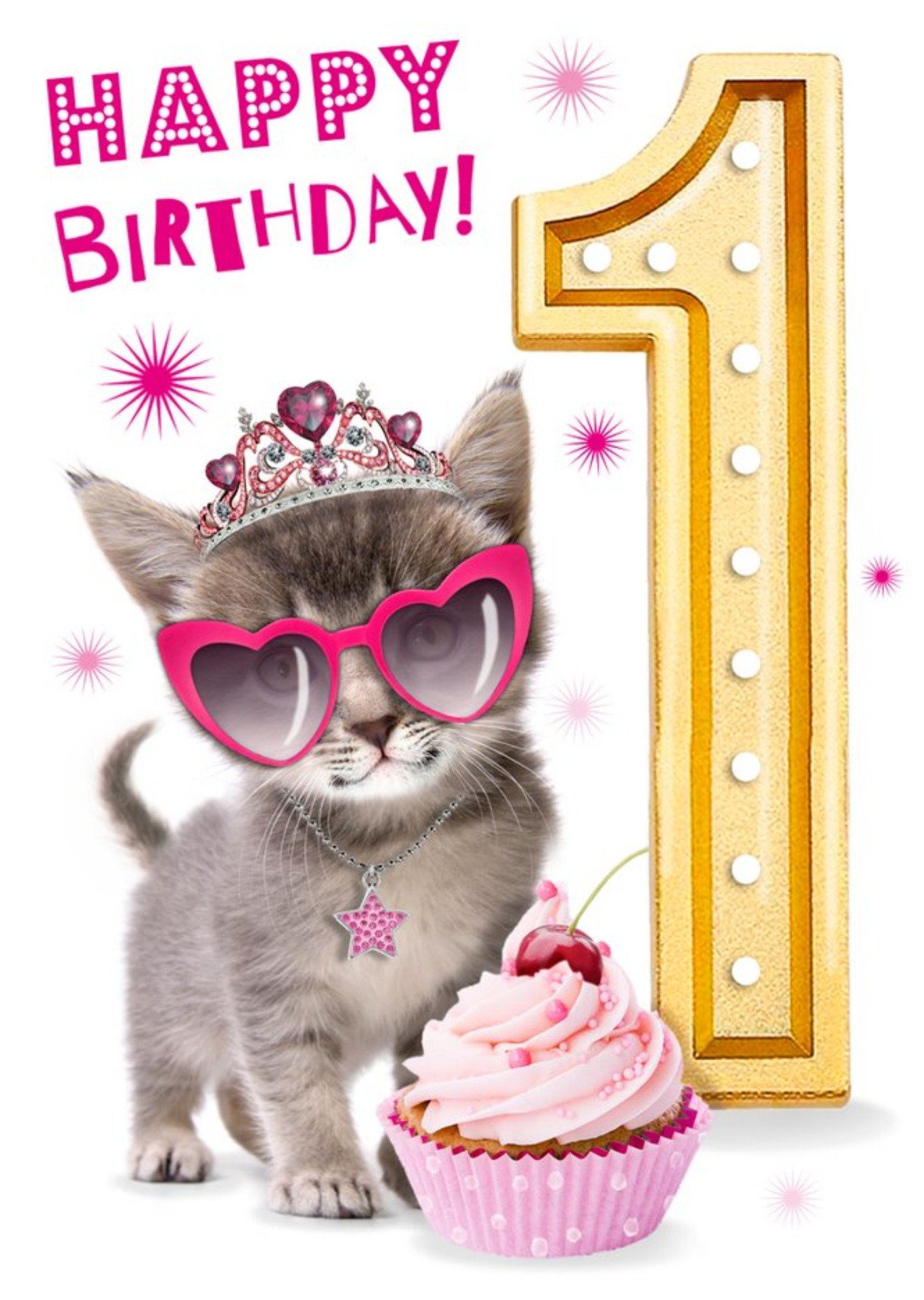 Cute Kitten With Cupcake 1st Birthday Card Ecard