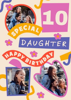 Bits and Pieces Bright Graphic Special Daughter Happy 10th Birthday Photo Upload Card