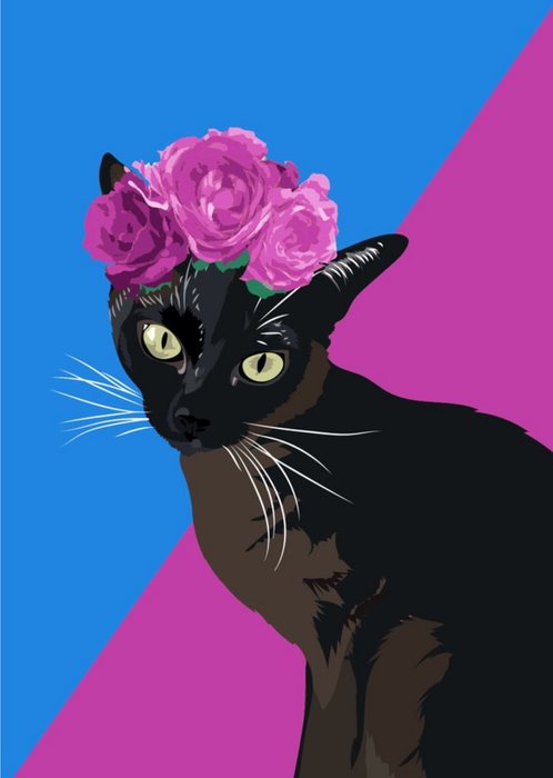 Illustrated Flowers Siamese Cat Card
