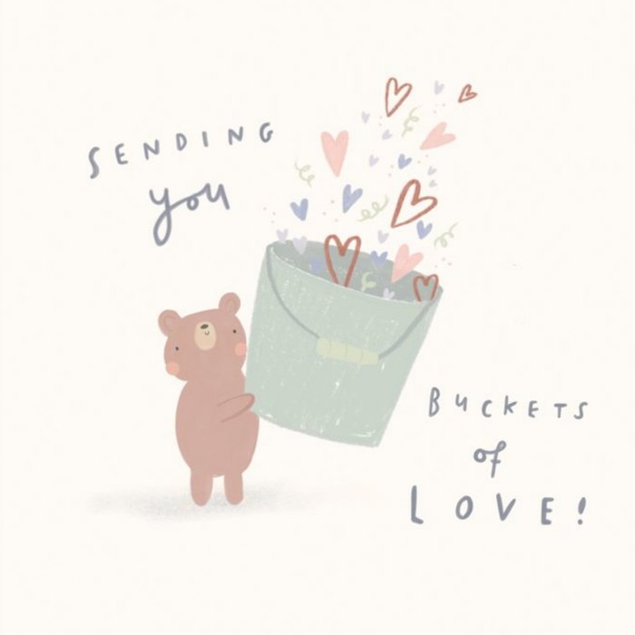 Illustration Of A Bear Holding A Bucket Filled With Hearts Thinking Of You Card