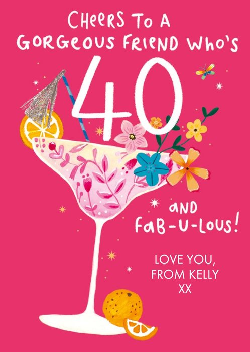 Clintons Pink Illustrated Cocktail Glass Customisable 40th Birthday Card