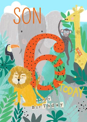 Cute Animal Jungle Theme Son 6th Birthday Card