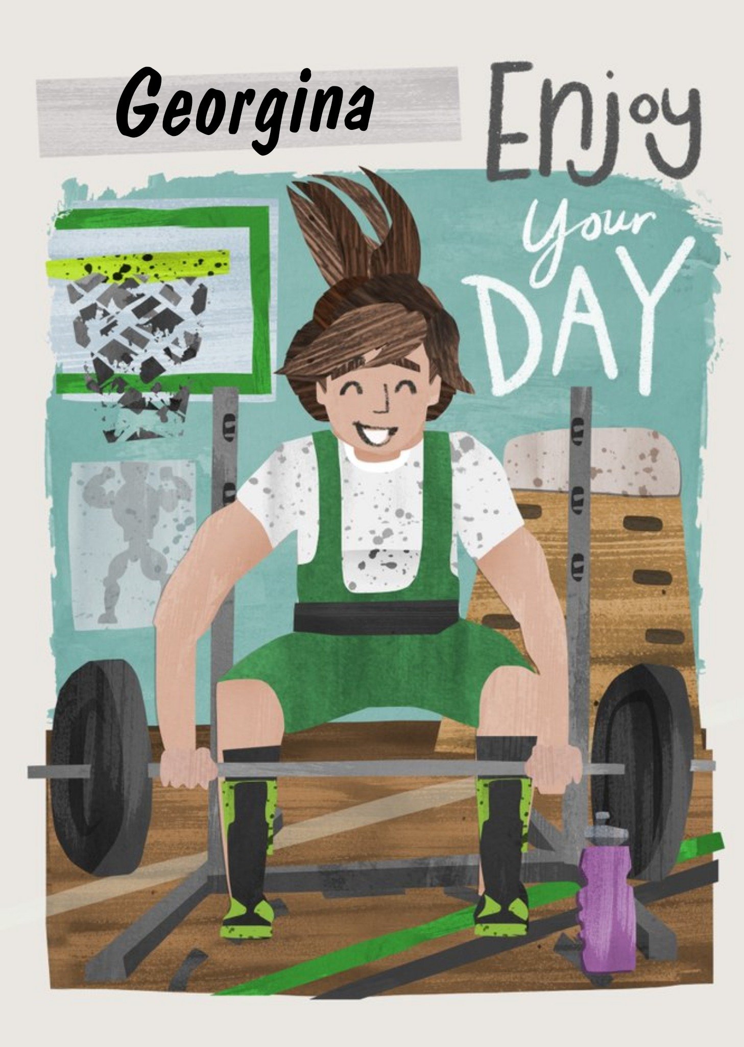 Illustrated Character Female Weightlifter Enjoy Your Day Birthday Card Ecard