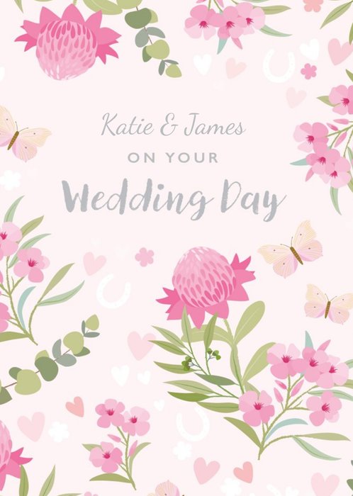 Flowers And Butterflies Surround Text Wedding Day Card