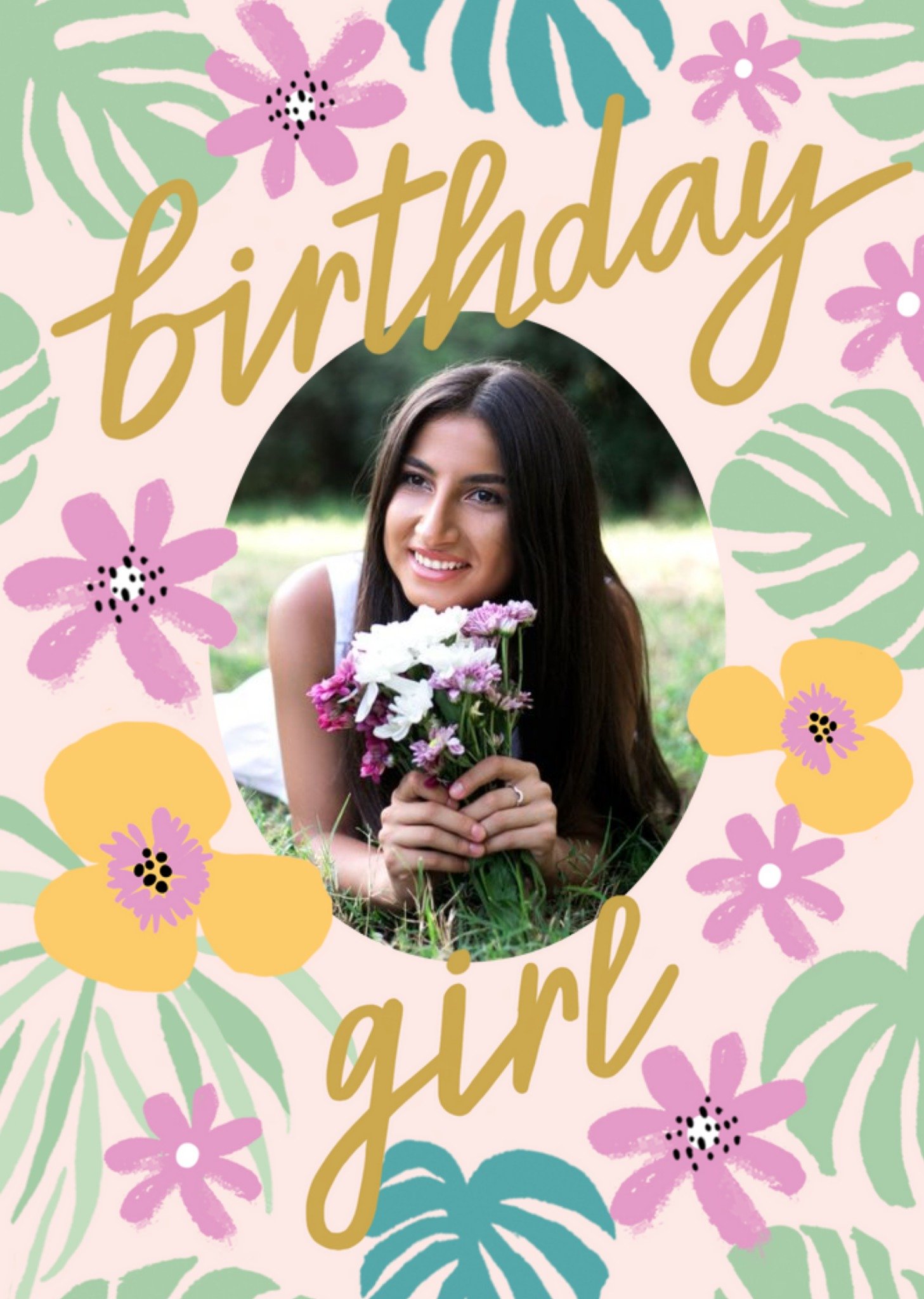 Moonpig Tropical Florals And Botanicals Birthday Girl Photo Upload Card, Large