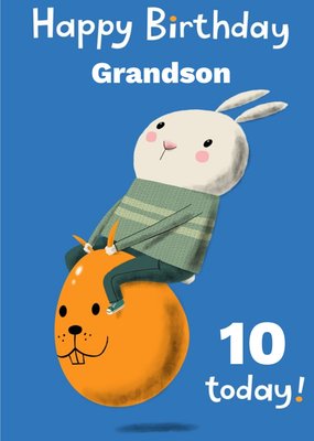 Bunny Bouncing On A Space Hopper Personalise Age Grandson Birthday Card