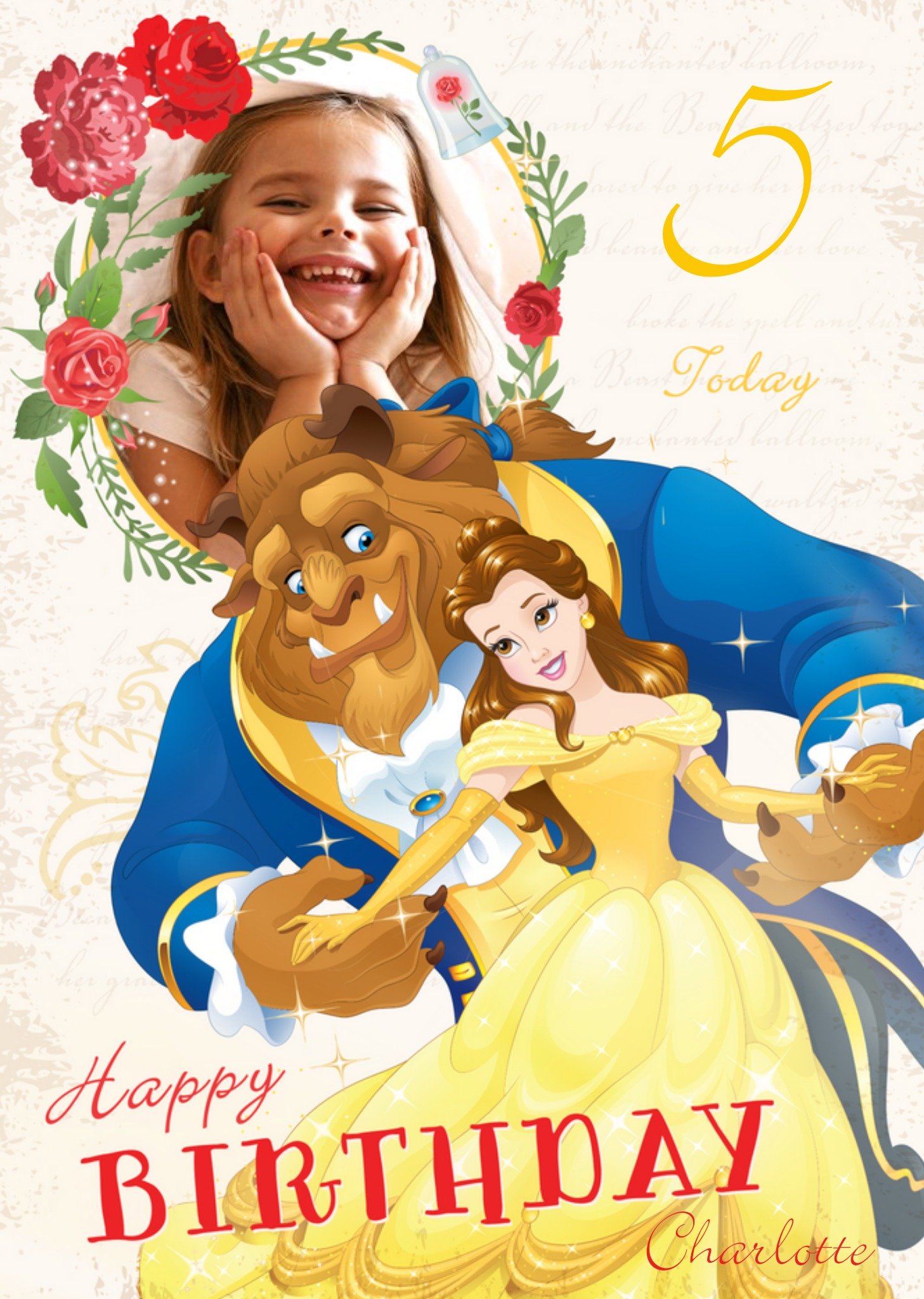Disney Beauty And the Beast Happy 5th Birthday Photo Card Ecard