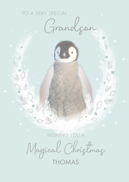 Animal Planet Illustration of Penguin In Snowy Wreath Grandson Christmas Card