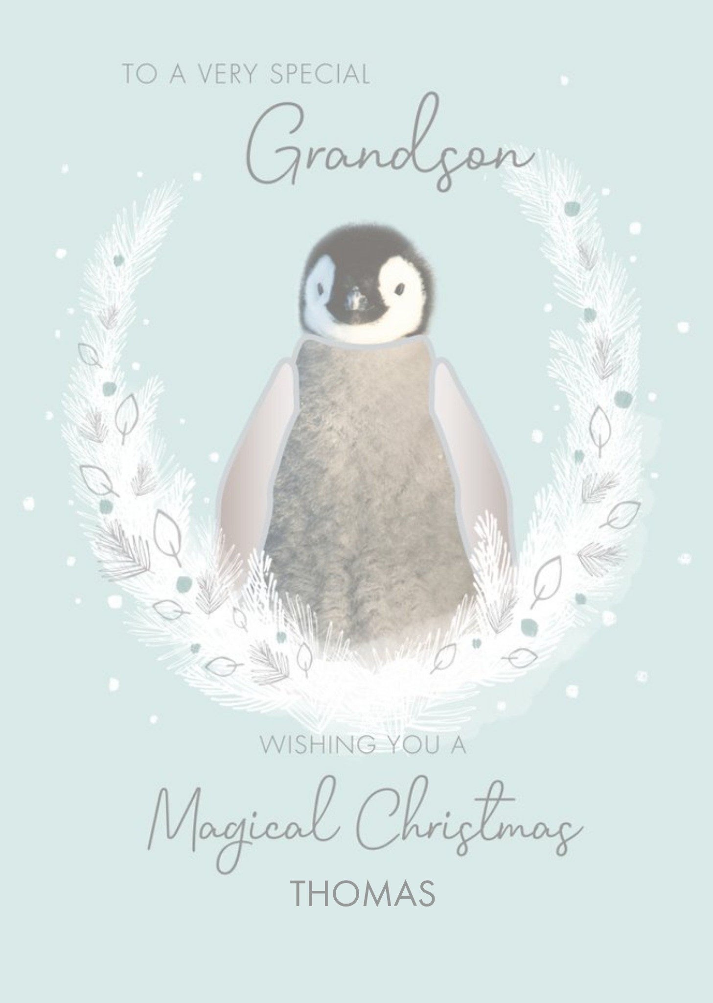 Moonpig Animal Planet Illustration Of Penguin In Snowy Wreath Grandson Christmas Card Ecard