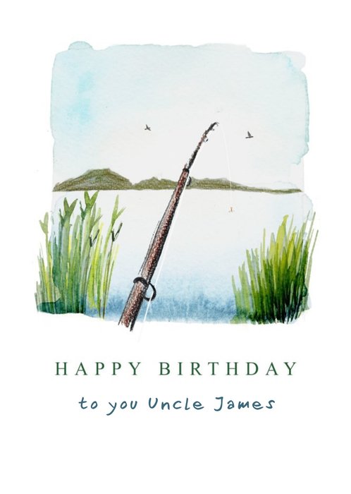 Set The Scene Watercolour Fishing Rod And Lake Birthday Card | Moonpig