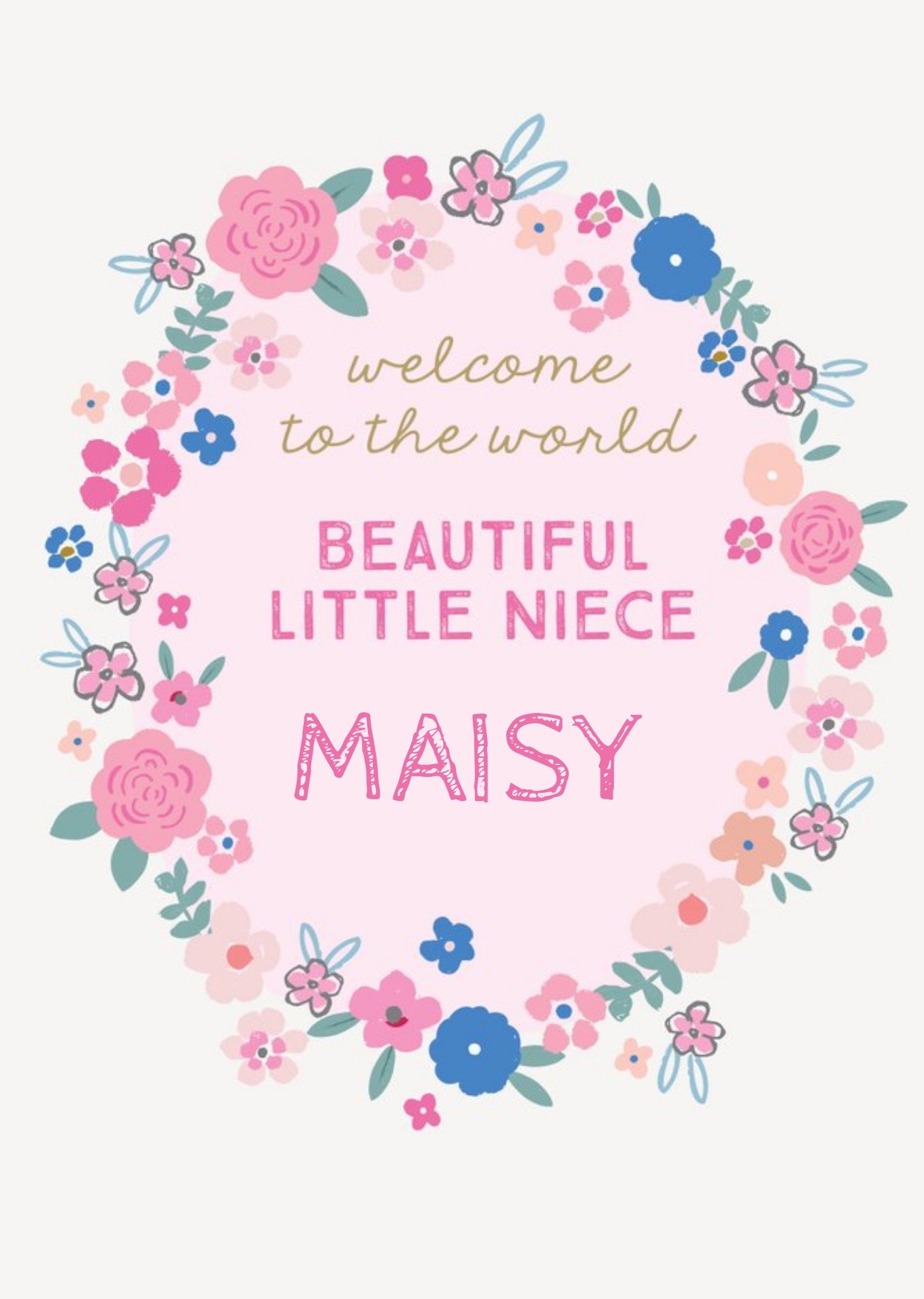 Moonpig Natalie Alex Designs Illustrated Pink Floral Welcome To The World Niece Card Ecard