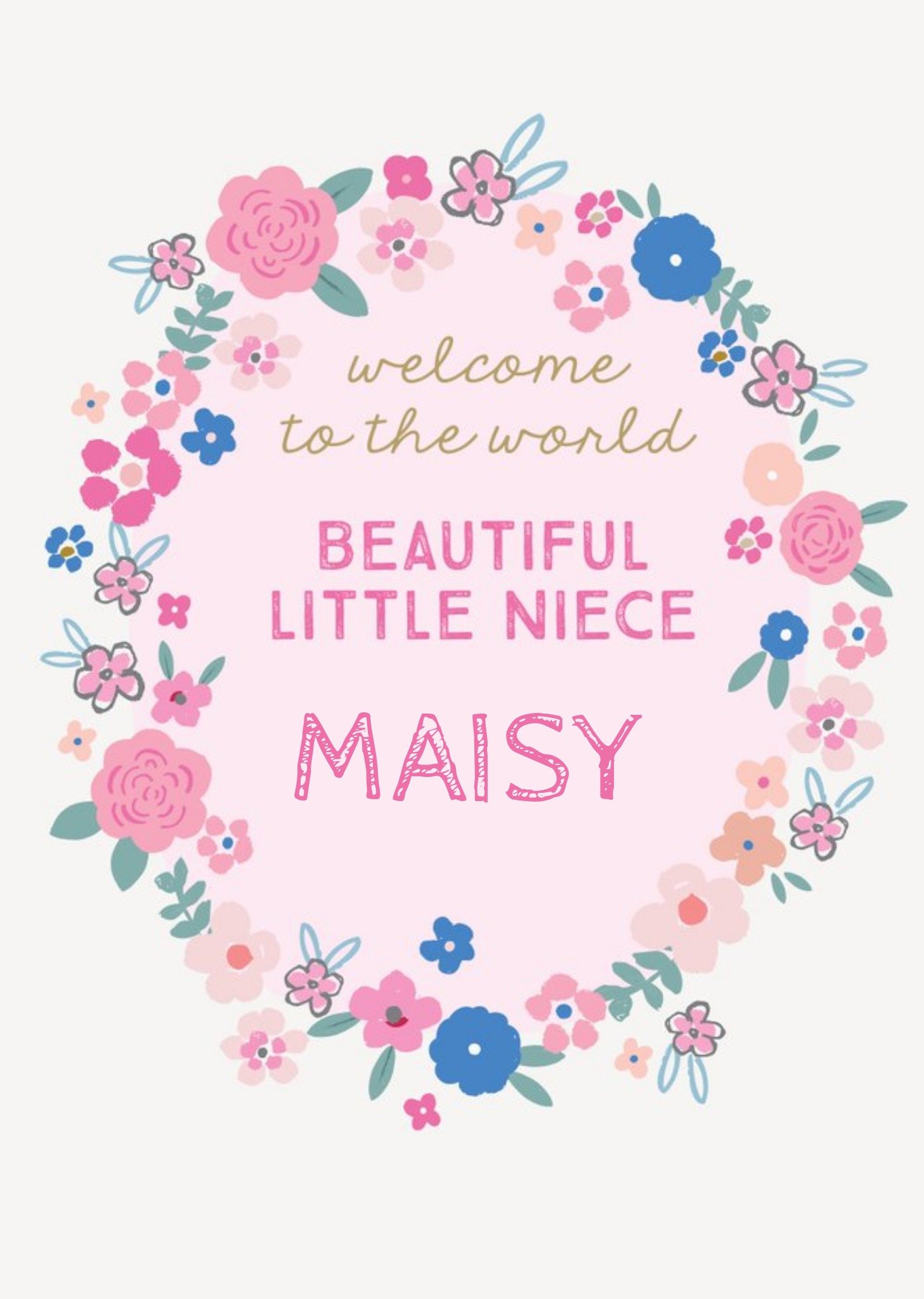 Natalie Alex Designs Illustrated Pink Floral Welcome To The World Niece Card Ecard