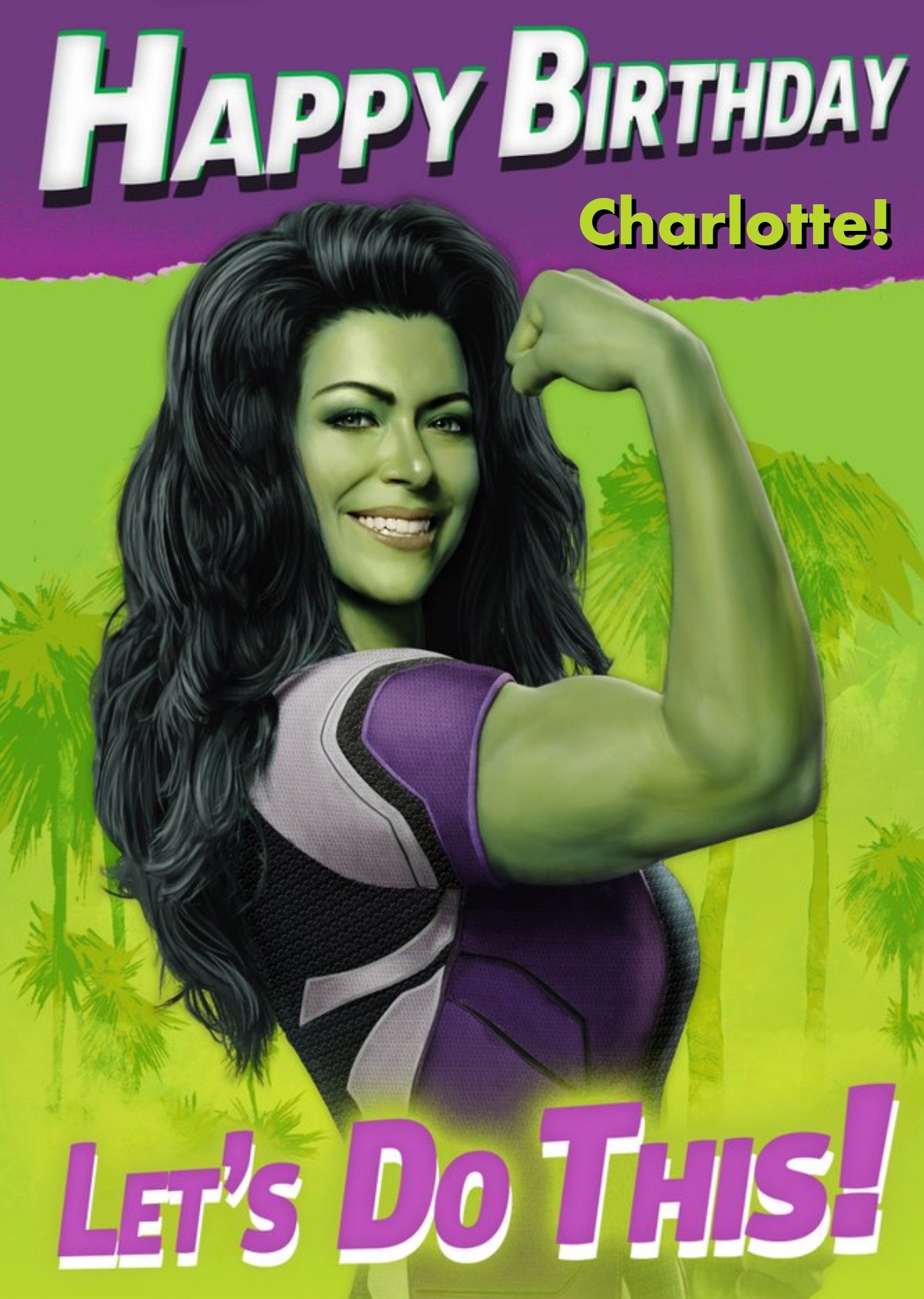 Marvel Illustration Of She Hulk On A Green Background With Palm Trees She Hulk Birthday Card Ecard
