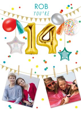 Party Themed Display Of Balloons With Two Photo Uploads Fourteenth Birthday Card