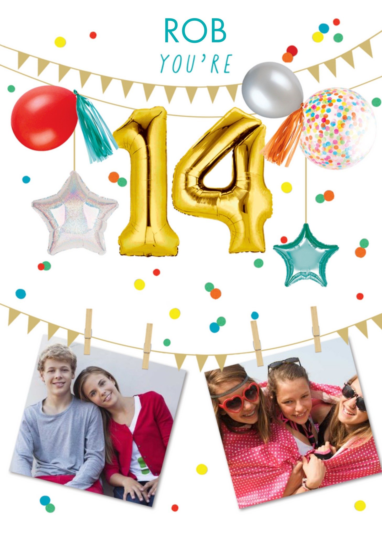 Party Themed Display Of Balloons With Two Photo Uploads Fourteenth Birthday Card Ecard