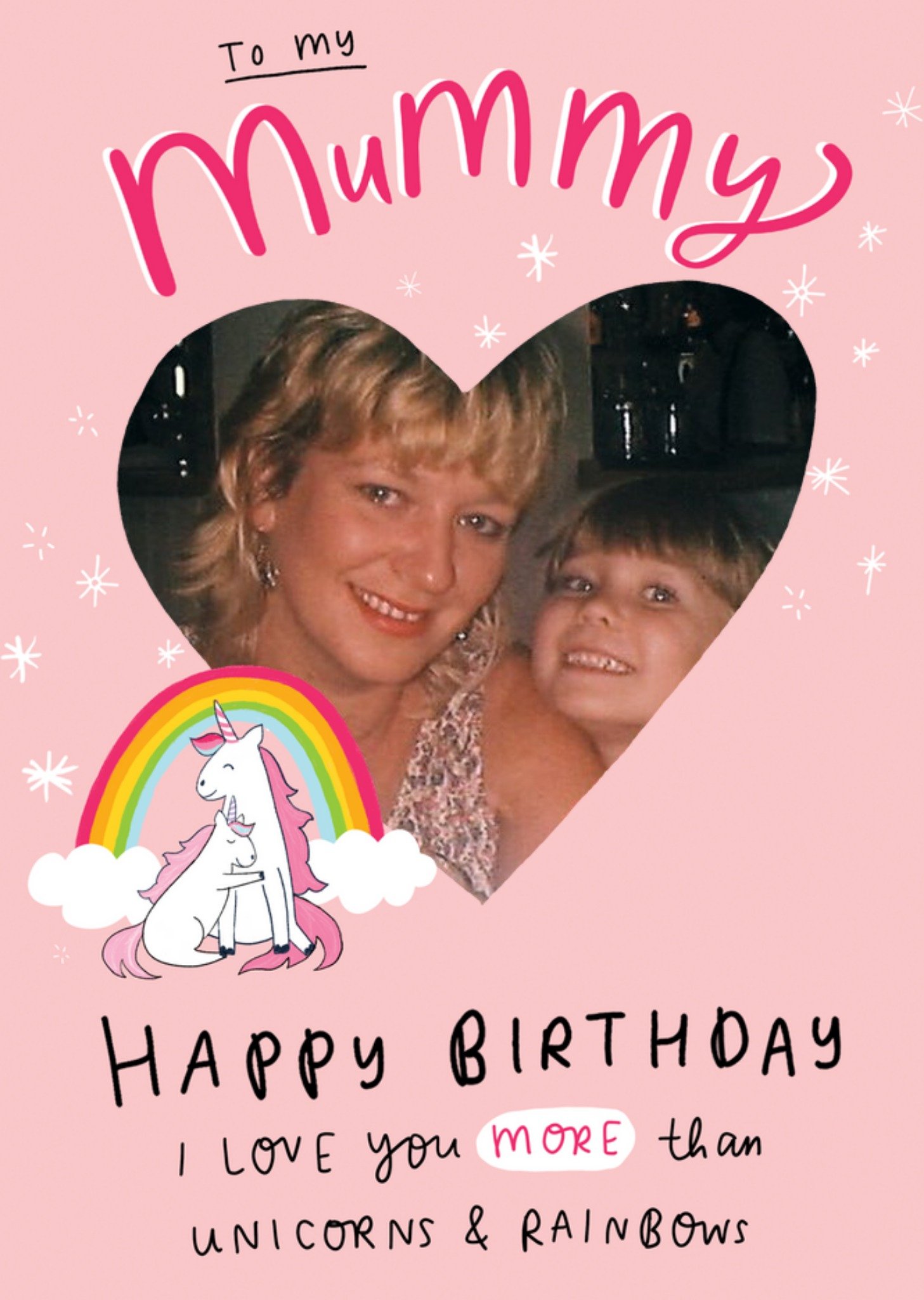 Moonpig Photo Upload Rainbow And Unicorn Mummy Birthday Card , Large