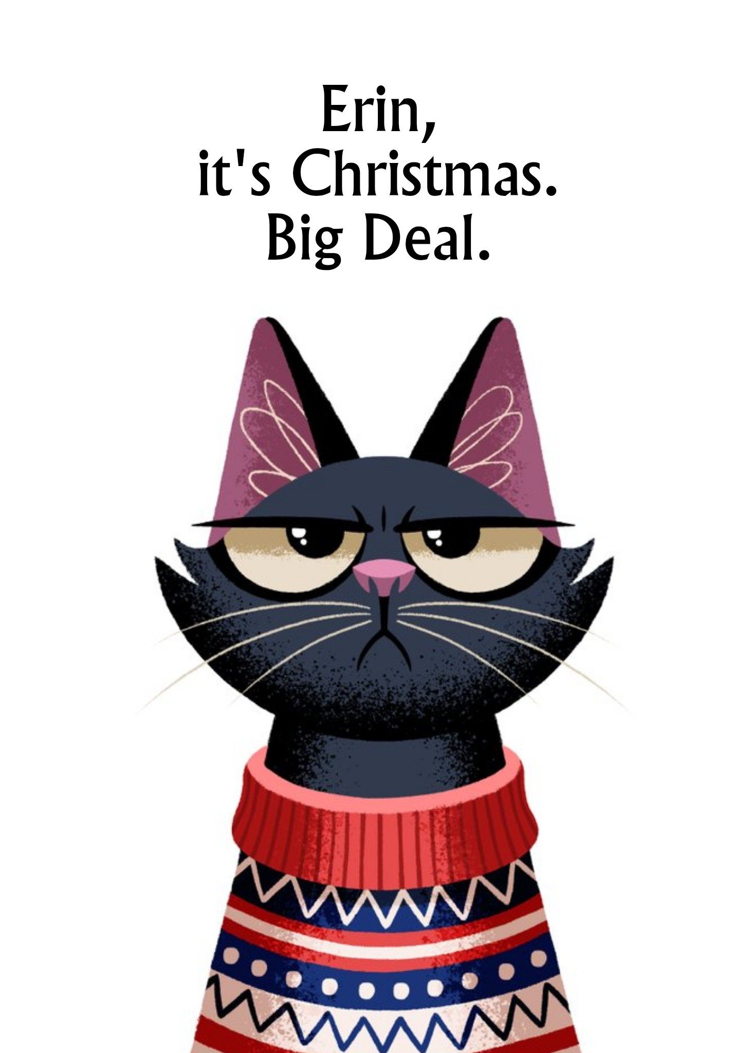 Folio Illustration Of A Frowning Cat Wearing A Christmas Jumper Personalised Card. Ecard