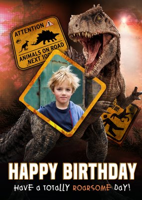 Jurassic World Dominion T-Rex Photo Upload Birthday Card