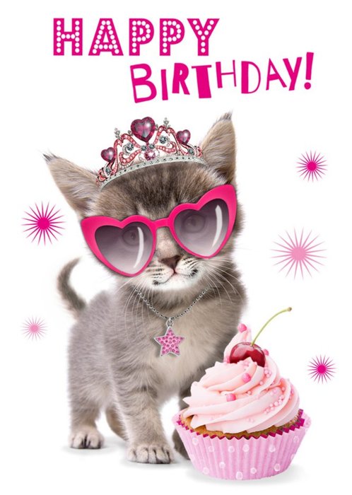 Cute Princess Kitten With A Cupcake Birthday Card