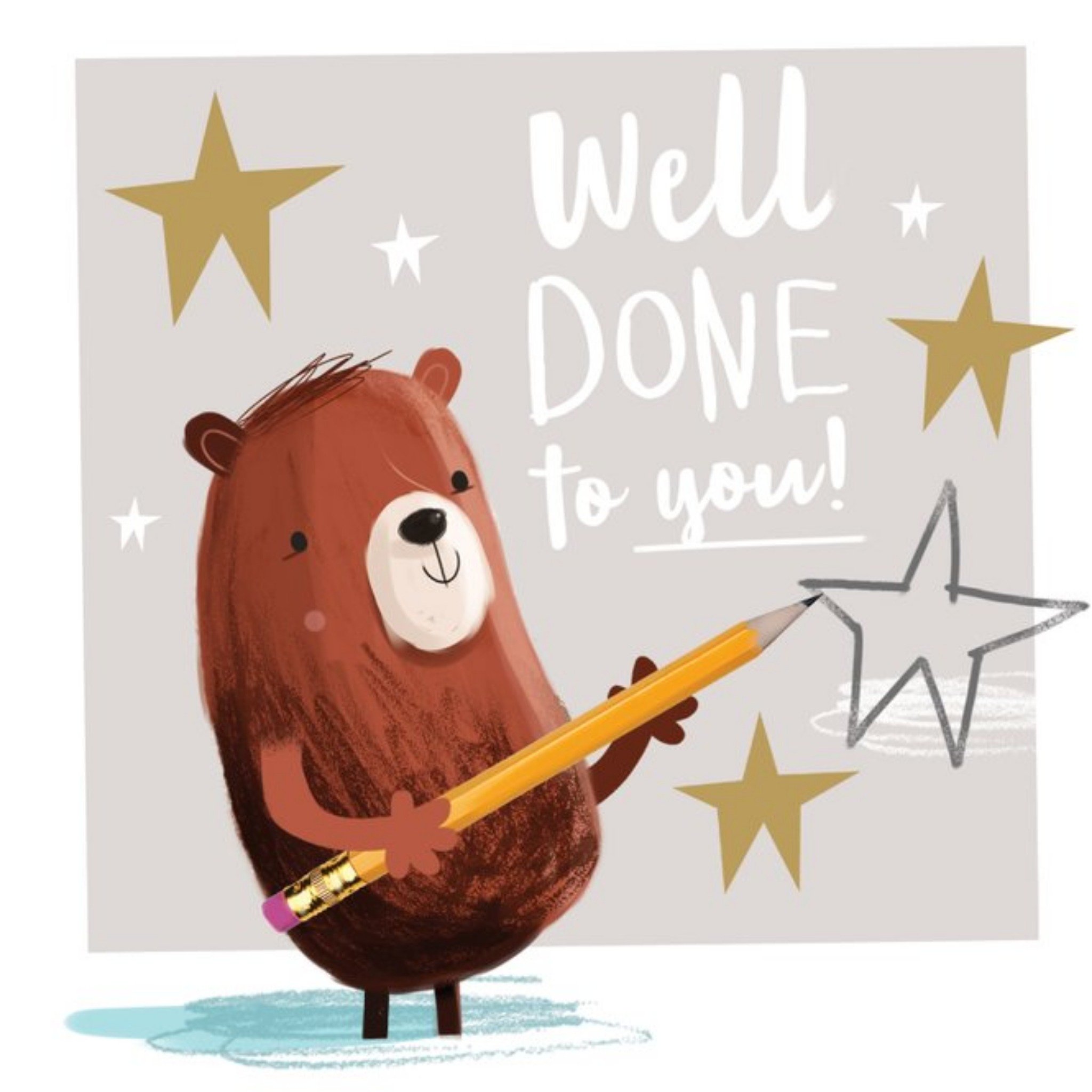 Cute Illustrated Bear Drawing Stars Congratulations Card, Square