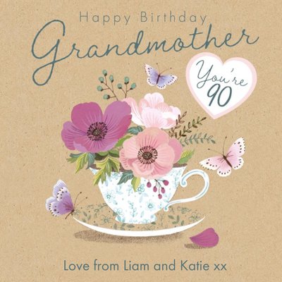 Illustration Of Butterflies And A Tea Cup With Flowers Happy Birthday Grandmother You're 90 Card