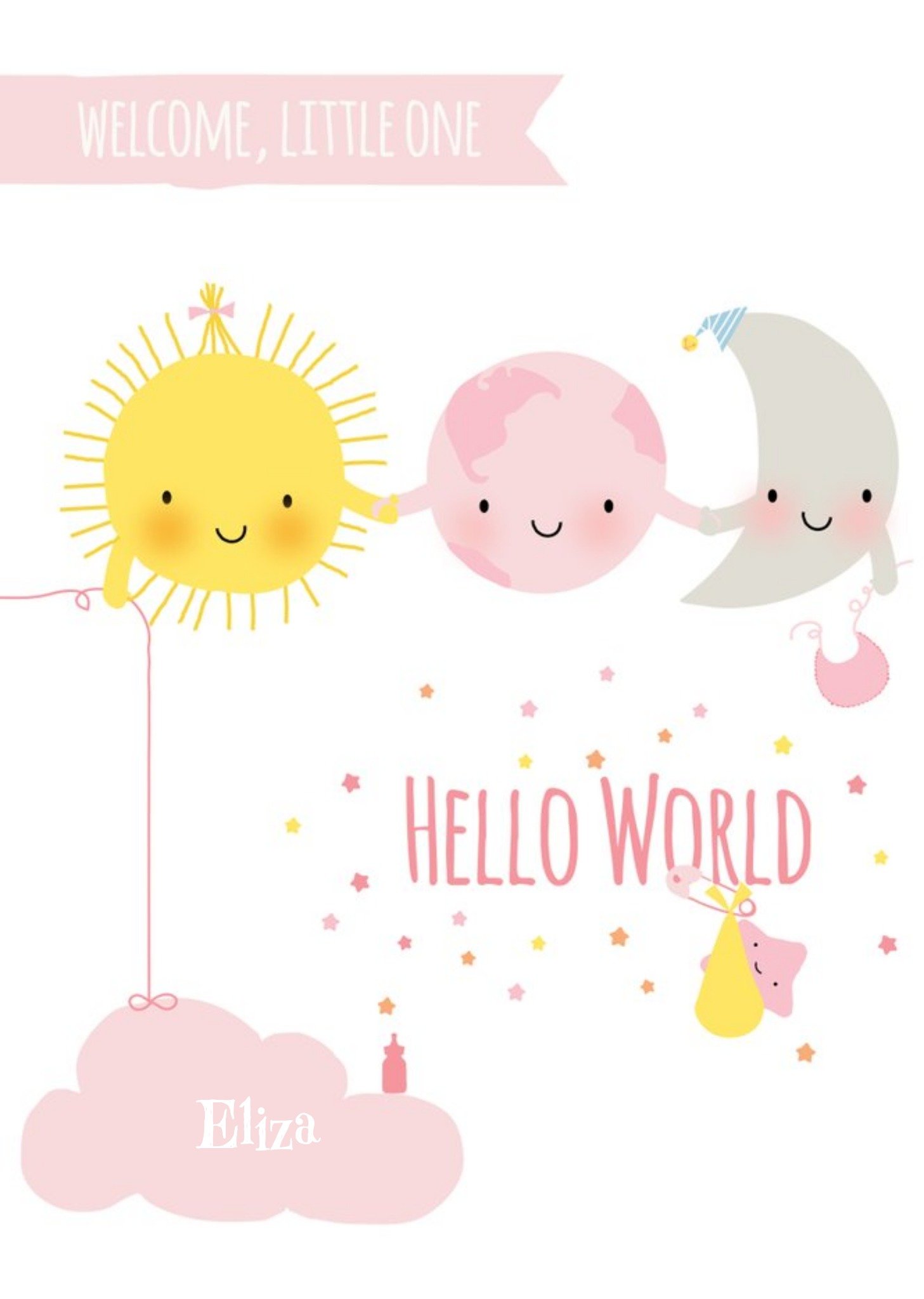 Cartoon Stars And Moon Hello World New Baby Card Ecard