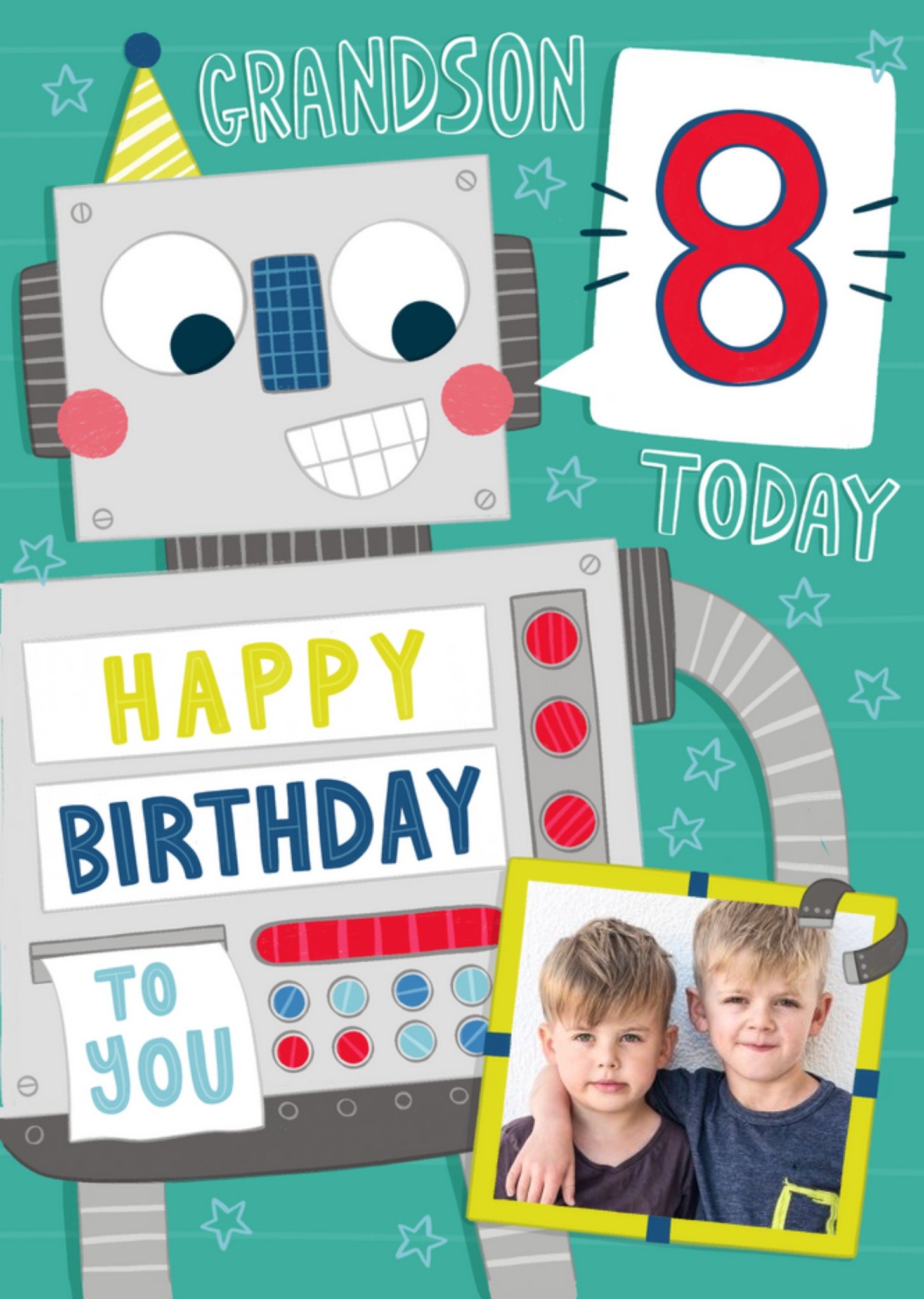 Moonpig Grandson 8 Today Happy Birthday To You Robot Photo Upload Card, Large