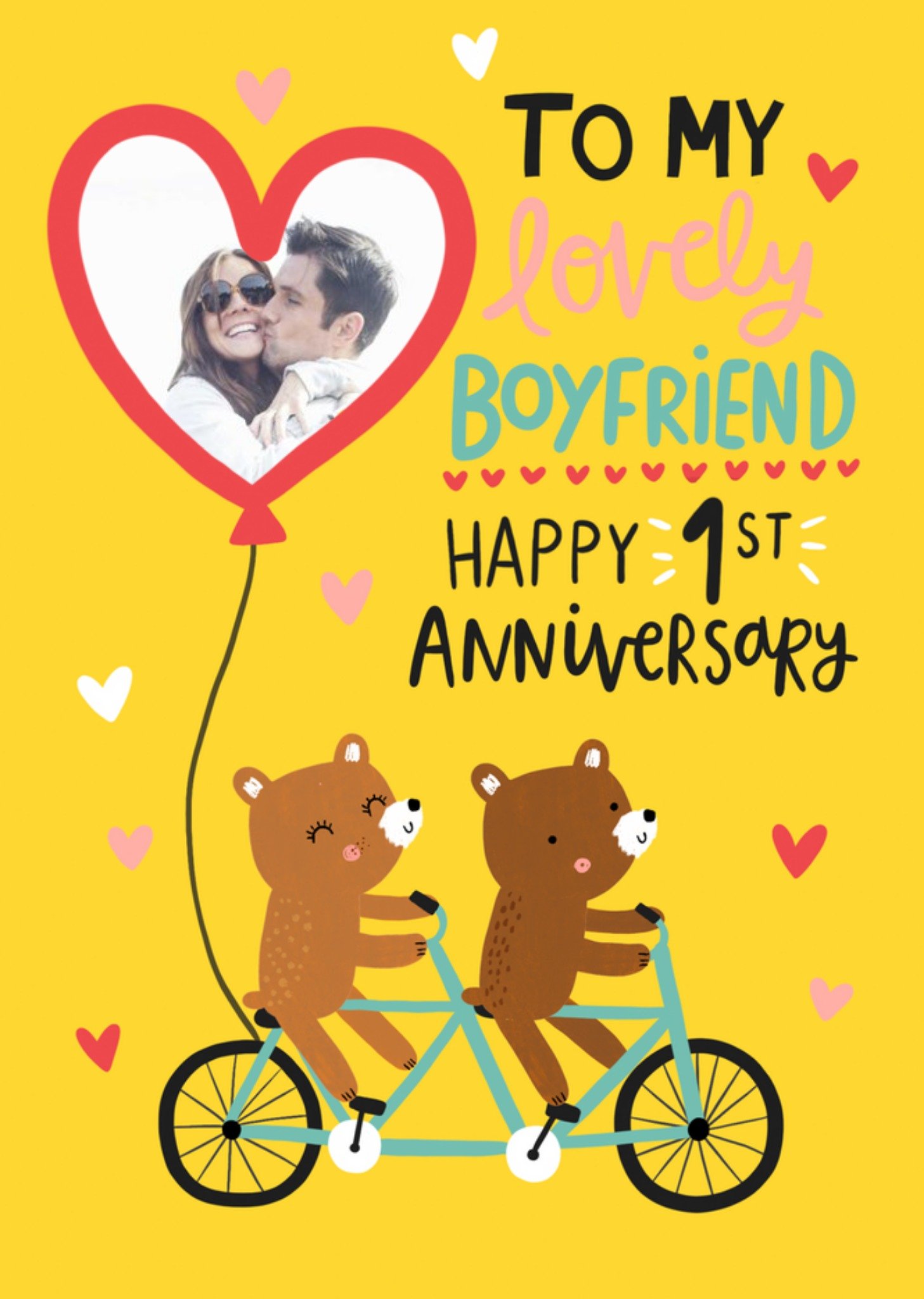 Moonpig Illustration Of Two Bears On A Tandem Bike Boyfriend's Photo Upload First Anniversary Card, 