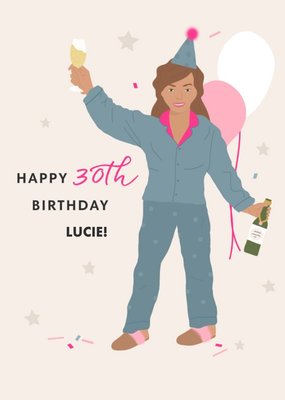 Illustration Of A Woman Celebrating With Wine Thirtieth Birthday Card