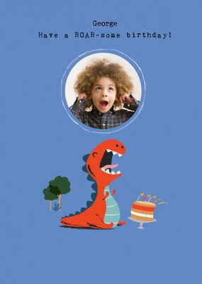 Cute Illustration Of A Dinosaur Have A ROAR-some Birthday Photo Upload Card