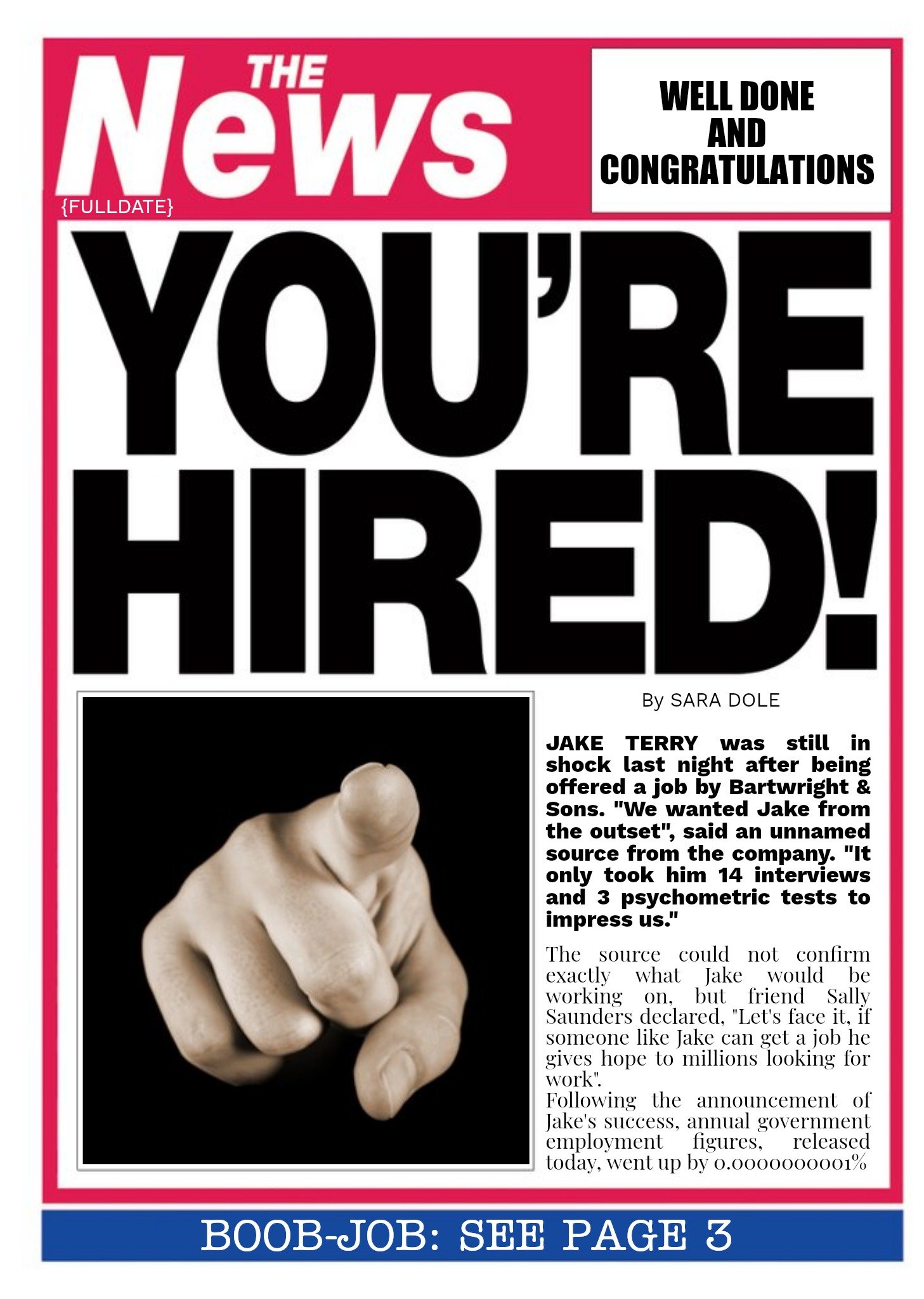 Newspaper Headline You're Hired Personalised New Job Card Ecard