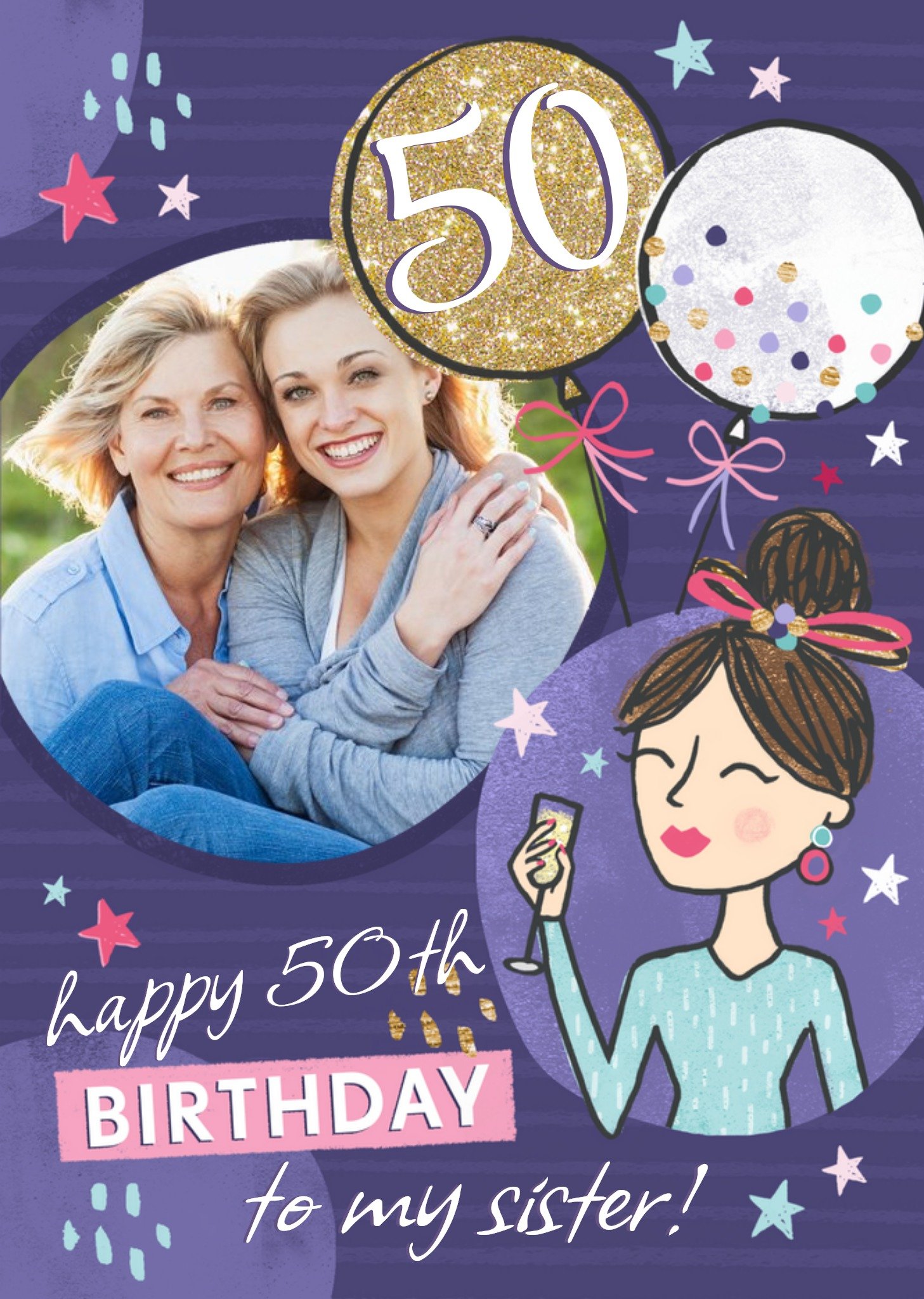 Moonpig Party themed 50th Birthday Photo Upload Card For Sister Ecard