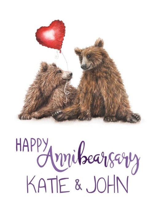 Two Bears With Heart Shaped Balloon Illustration Personalised Anniversary Pun Card