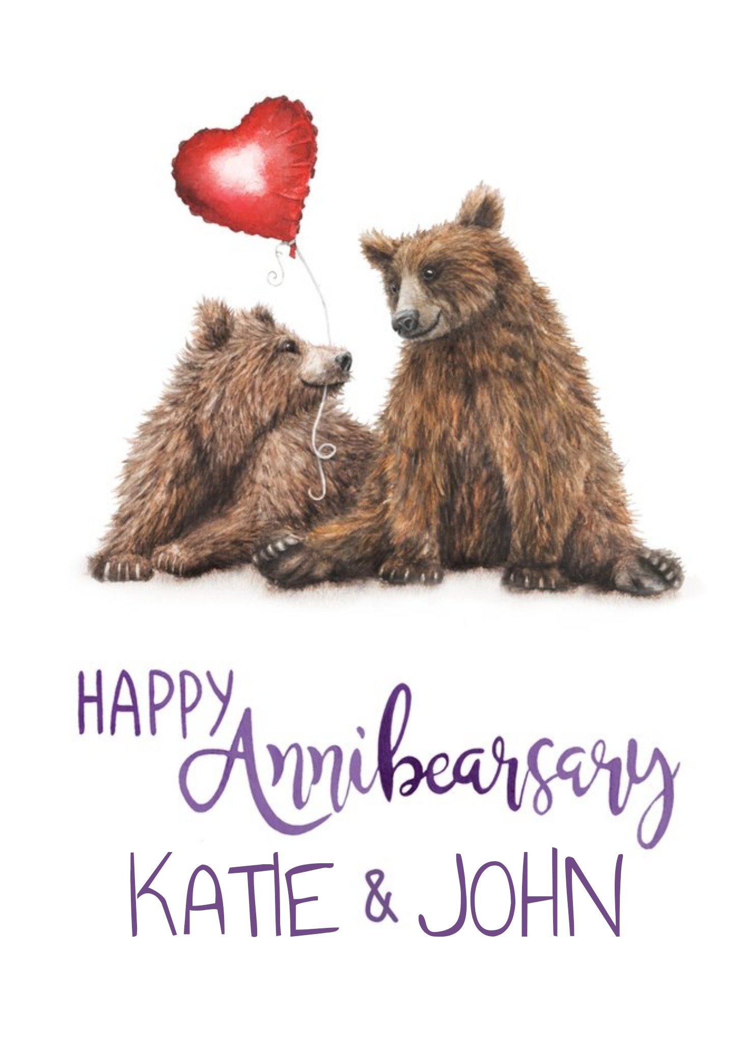 Two Bears With Heart Shaped Balloon Illustration Personalised Anniversary Pun Card Ecard