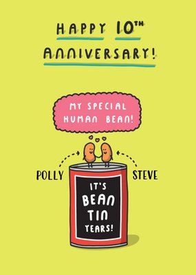 Humorous cartoon Happy 10th Anniversary card - tin anniversary - baked beans