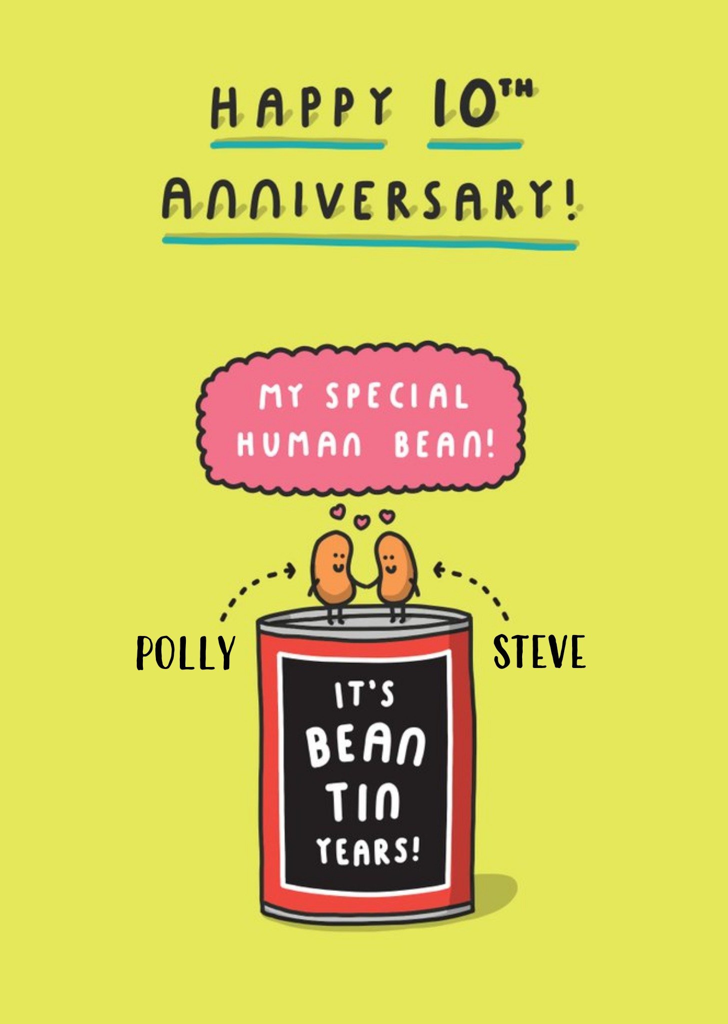 Humorous Cartoon Happy 10th Anniversary Card - Tin Anniversary - Baked Beans