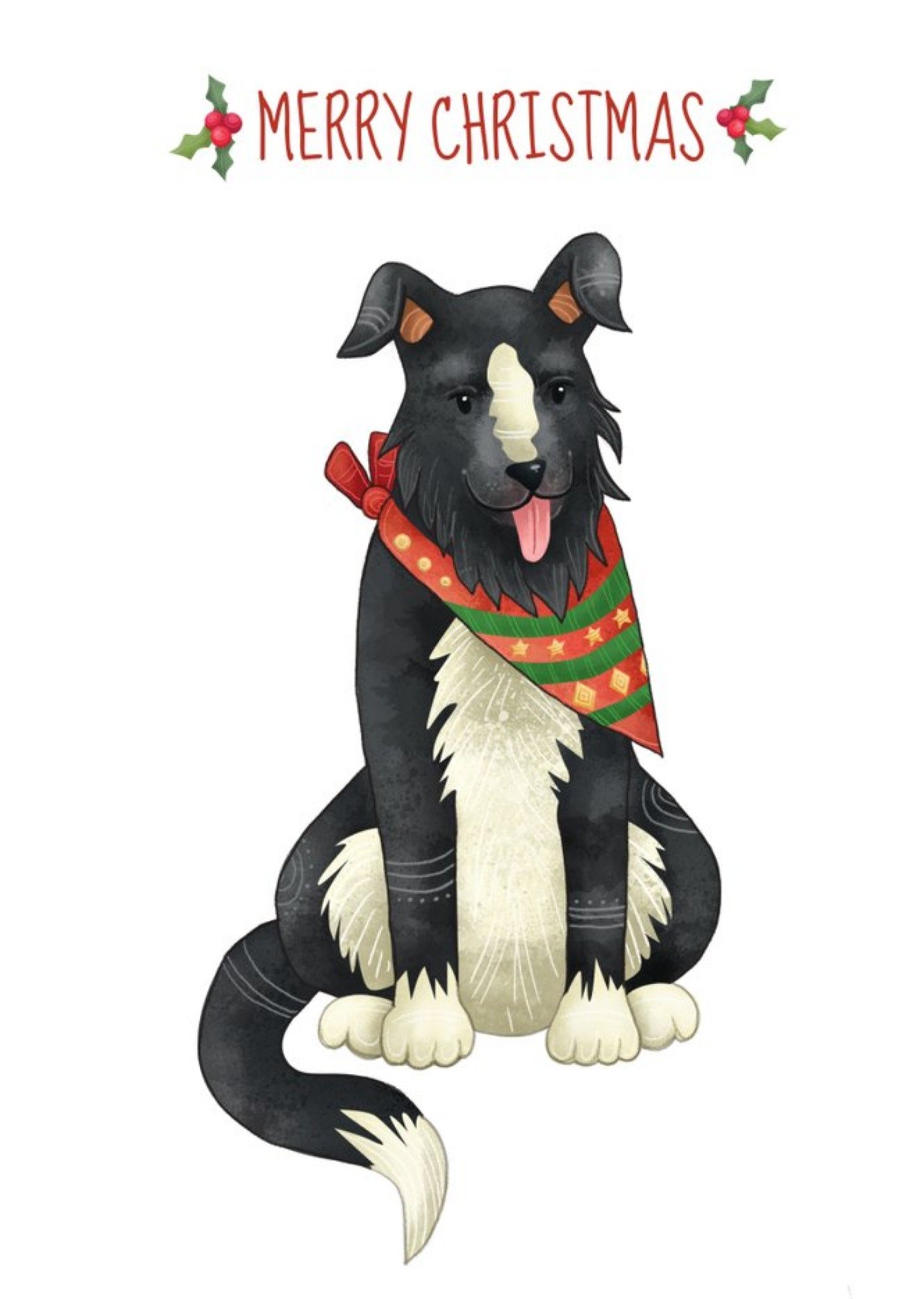 Illustration Of A Border Collie Wearing A Christmas Scarf On A White Background Christmas Card Ecard