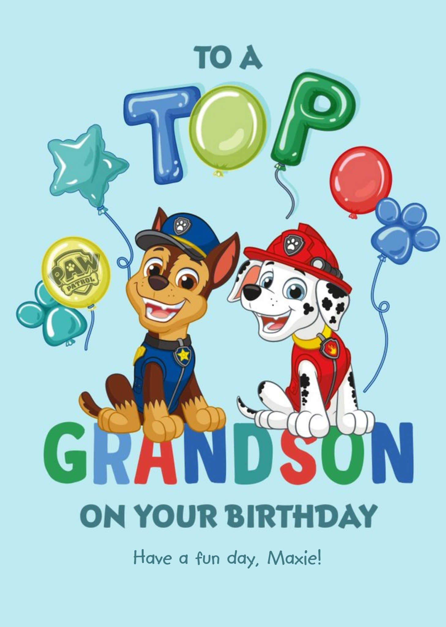 Paw Patrol Marshall And Chase Top Grandson Birthday Card Ecard