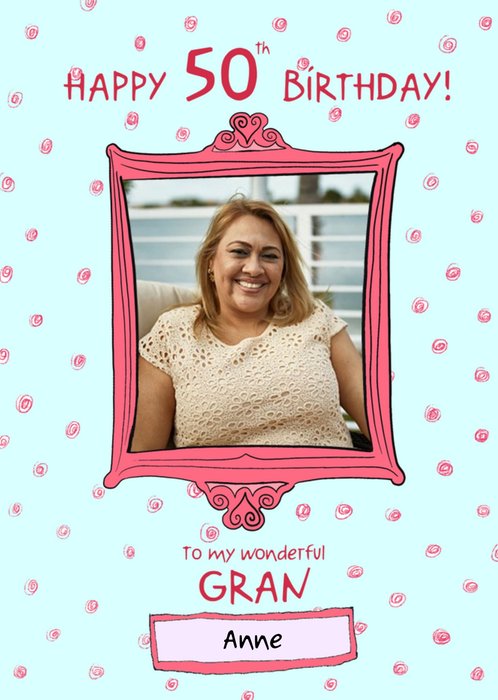 Photo Upload Illustrated Pink Frame Gran 50th Birthday Card