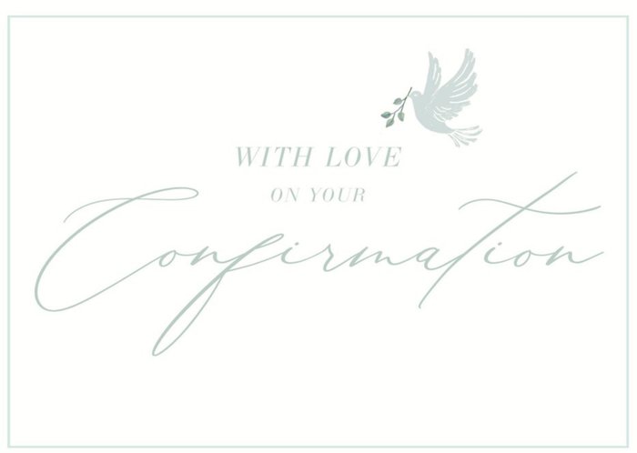 Spot Illustration Of A Dove With An Olive Branch And Large Handwritten Typography Confirmation Card