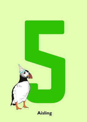 Illustration Of A Puffin Wearing A Party Hat Next To A Large Number Five Fifth Birthday Card