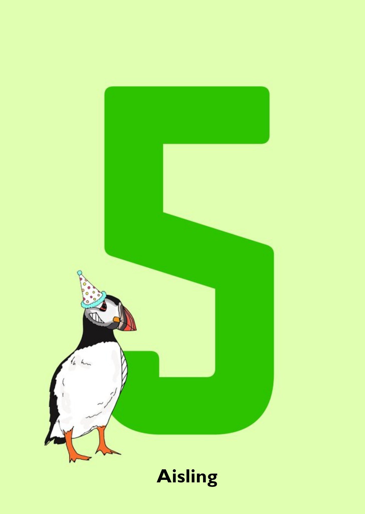 Moonpig Illustration Of A Puffin Wearing A Party Hat Next To A Large Number Five Fifth Birthday Card
