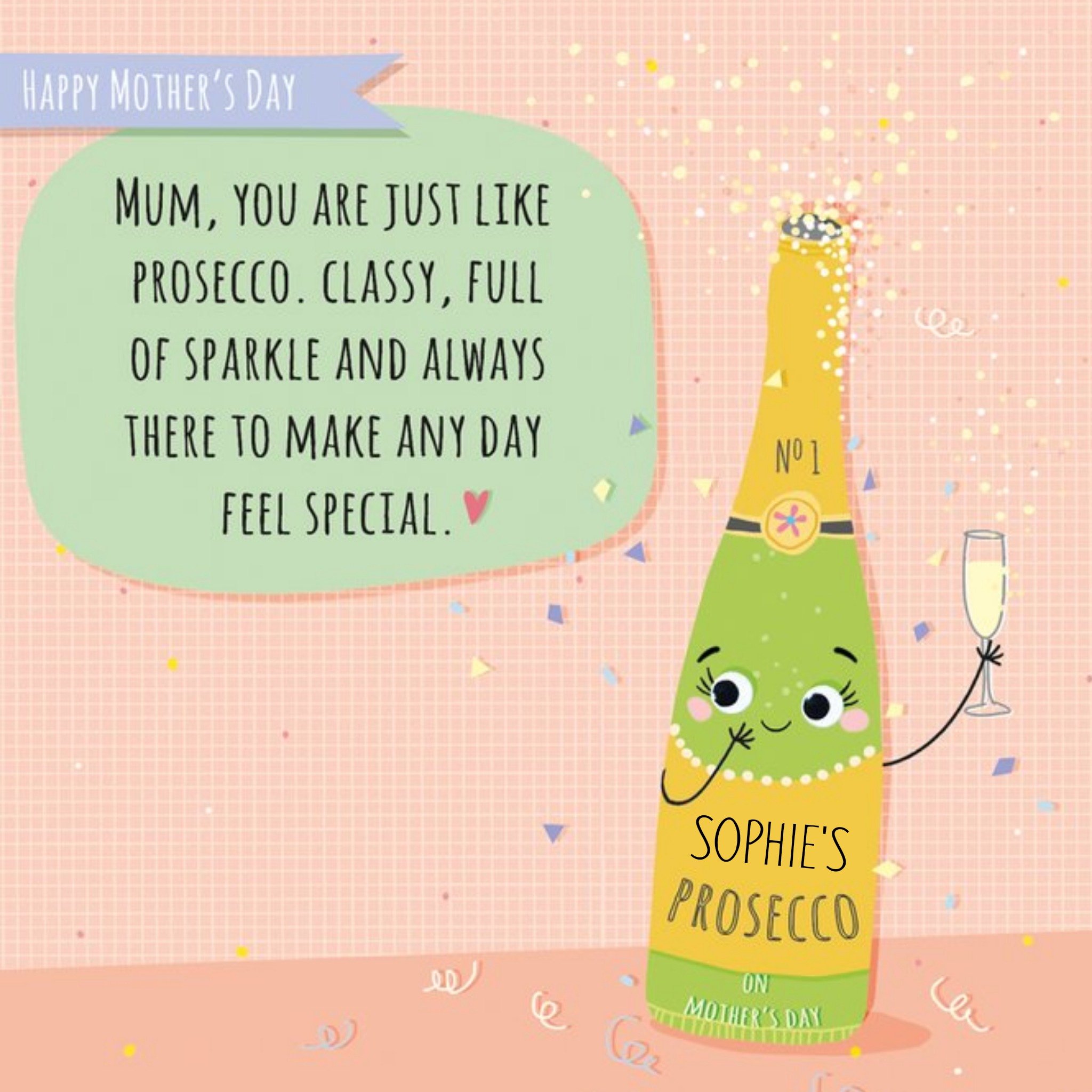 Prosecco Mother's Day Card - Classy - Full Of Sparkle, Square